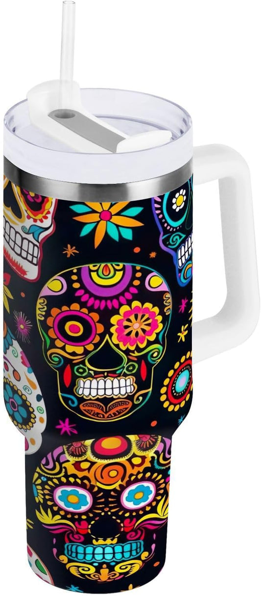 Nander 30oz Beautiful Sugar Skull Tumbler with Handle and Straw Lid,Insulated Coffee Cup Reusable Stainless Steel Water Bottle Travel Mug Cupholder,Keeps Cold or Hot