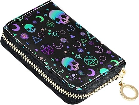 Magic Skull RFID Credit Card Holder Wallets Accordion for Women Leather Zipper Card Case Accordion Wallet for Ladies Girls