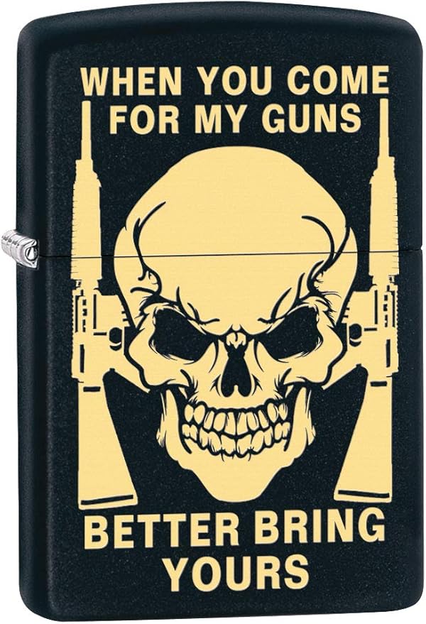 Zippo Lighter: Skull, Bring Your Guns Engraved - Black Matte 80430