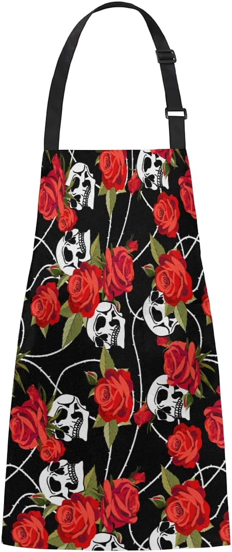 Black And Red Rose Skull Kitchen Cooking Aprons Adjustable Bib Long Ties Chef Apron with 2 Pockets for Men Women