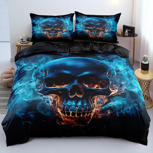 Blue Color Skull Duvet Cover Set King Size Gothic Comforter Cover with 2 Pillowcases Horror Bedding Set Goth Bed Set for Boys Bedroom