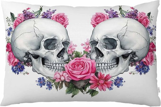EKOBLA Throw Pillow Cover Flower Skull Day of Dead Vintage Rose Peony Halloween Design Pattern Gothic Decor Lumbar Pillow Case Cushion for Sofa Couch Bed Standard Queen Size 20x30 Inch