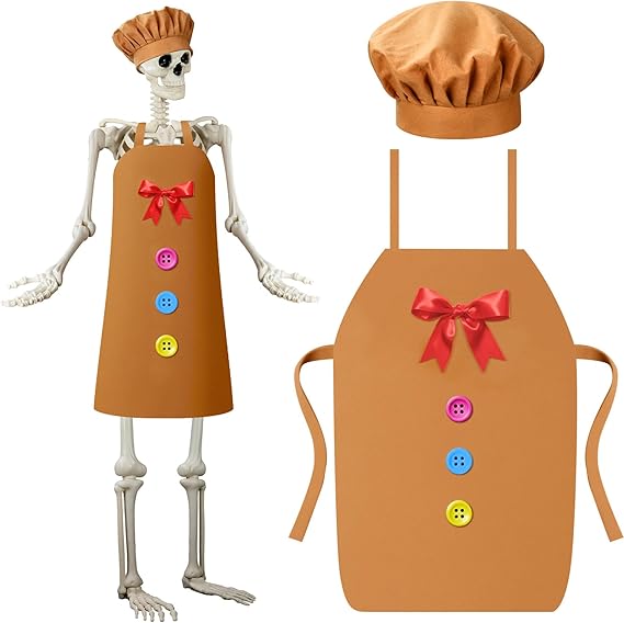 JaGely 2 Pcs Christmas Gingerbread Man 12 ft Skeleton Costumes Accessories Set Includes Brown Chef Hat and Apron for Christmas12 ft Skeleton Dress Up Xmas Party Garden Lawn Decor