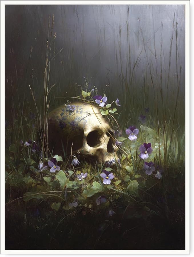 Skull in Violets Gothic Wall Art – Dark Botanical Fantasy Poster with Human Skull and Flowers for Halloween Bedroom or Witchcore Forest Home Decor-12x16Inch Ready to Hang(Unframed)