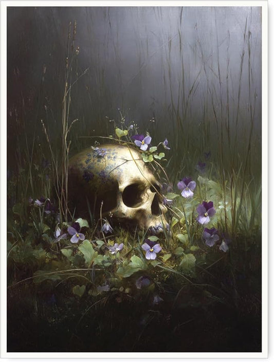 Skull in Violets Gothic Wall Art – Dark Botanical Fantasy Poster with Human Skull and Flowers for Halloween Bedroom or Witchcore Forest Home Decor-12x16Inch Ready to Hang(Unframed)
