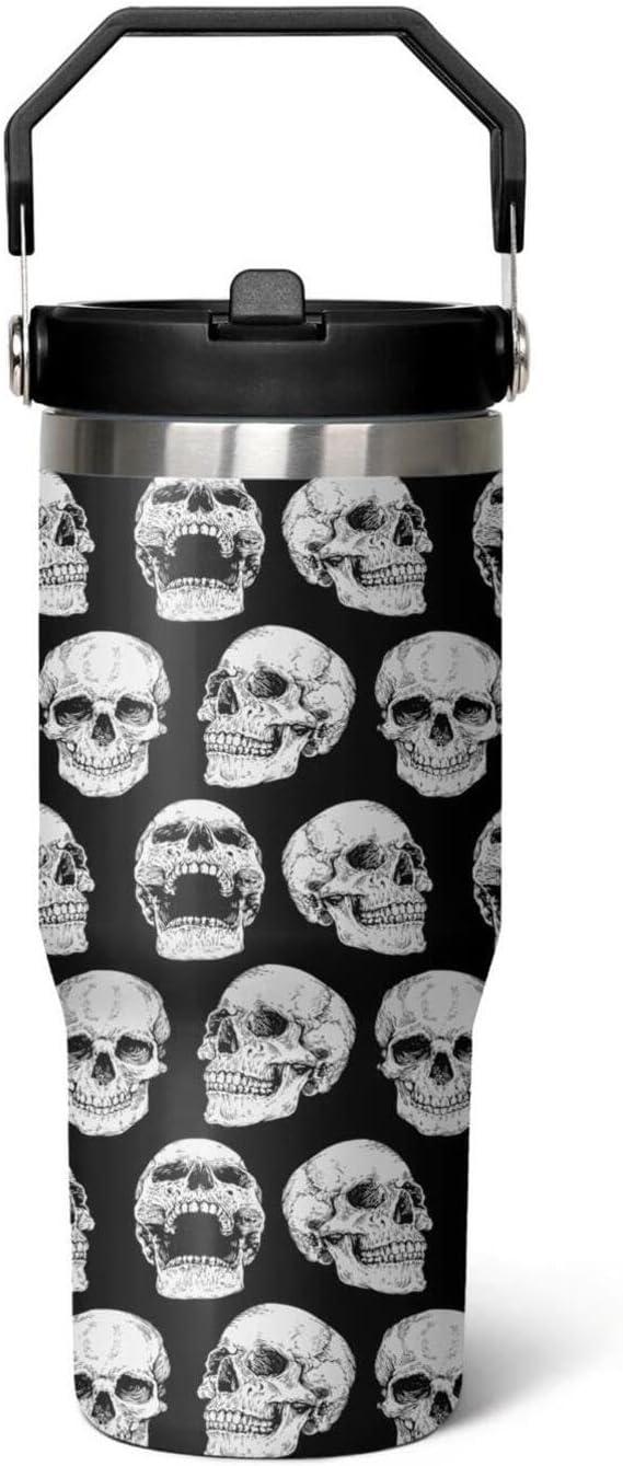 30 oz Skull Flip Tumbler with lid and Straw,Skull CoffeeTravel Mug Cup Water Botter,Skull Gifts for Women,Goth Stuff Decor Accessories