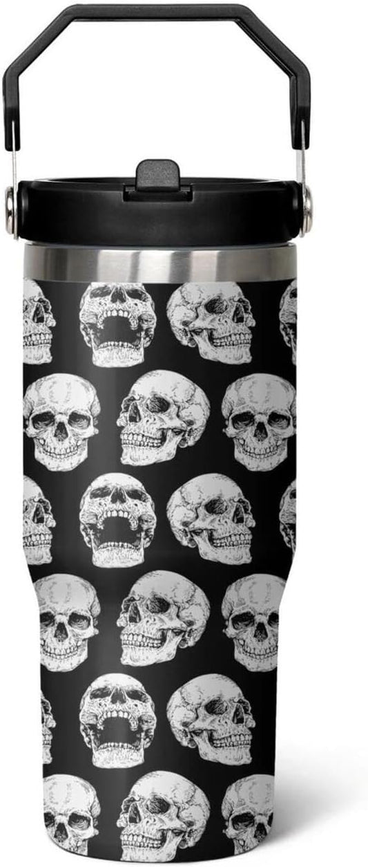 30 oz Skull Flip Tumbler with lid and Straw,Skull CoffeeTravel Mug Cup Water Botter,Skull Gifts for Women,Goth Stuff Decor Accessories