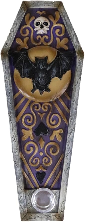 Ebros Gift Wicca Occultic Mystical Black Bat Skull Moon Coffin Incense Stick Holder and Backflow Incense Cone Burner Figurine Halloween Macabre Vampire Casket Metaphysical Accent