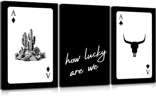 3Pcs Black and White Western Canvas Wall Art Country Southwest Poster Vintage Poker Ace Picture Cactus Bull Skull and How Lucky We Are Painting for Bedroom Living Room 16x24in Framed