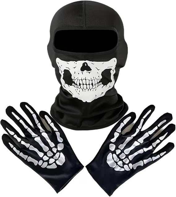 Skeleton Gloves and Skull Mask, Ghost Skull Balaclava Full Face Mask Full Finger Skeleton Pattern Gloves