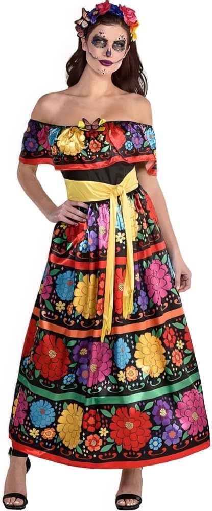 Multicolor Sugar Skull Beauty Dress & Headband Set - Enchanting Day of the Dead Costume