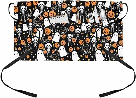 Halloween Server Aprons with 3 Pockets, Orange Pumpkin White Ghost Black Waist Apron Waterproof Half Aprons