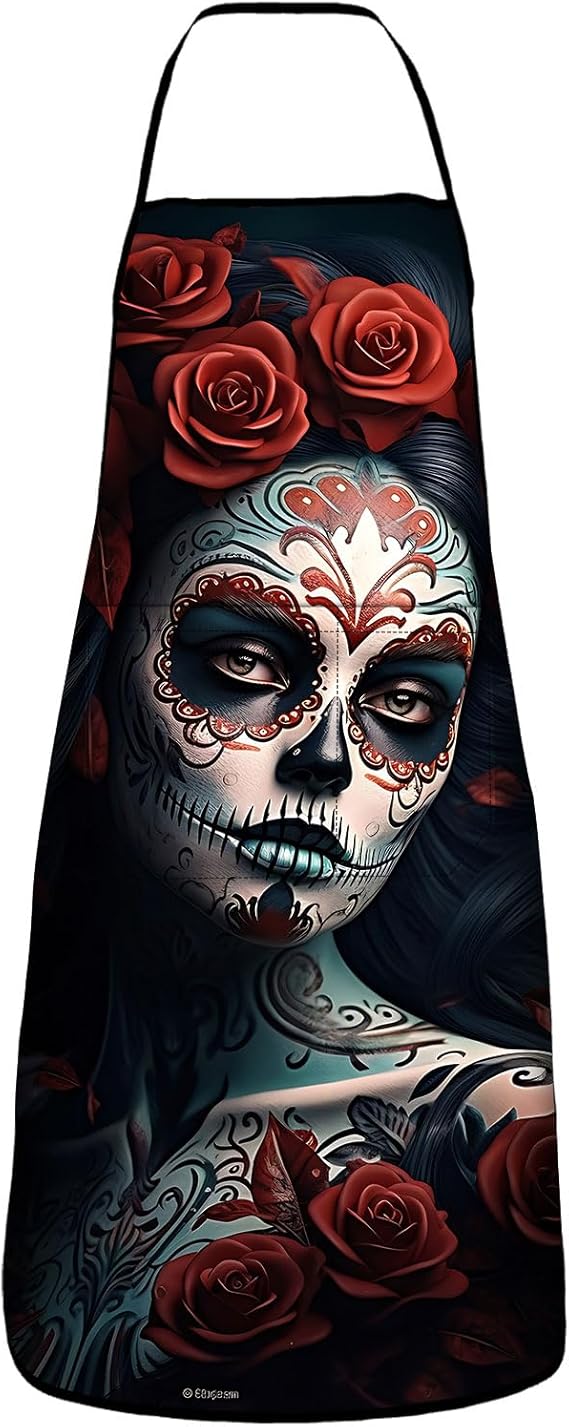Sugar Skull Flower Waterproof Apron with 2 Pockets Kitchen Aprons Women Men, Bibs for Grooming Cooking Painting