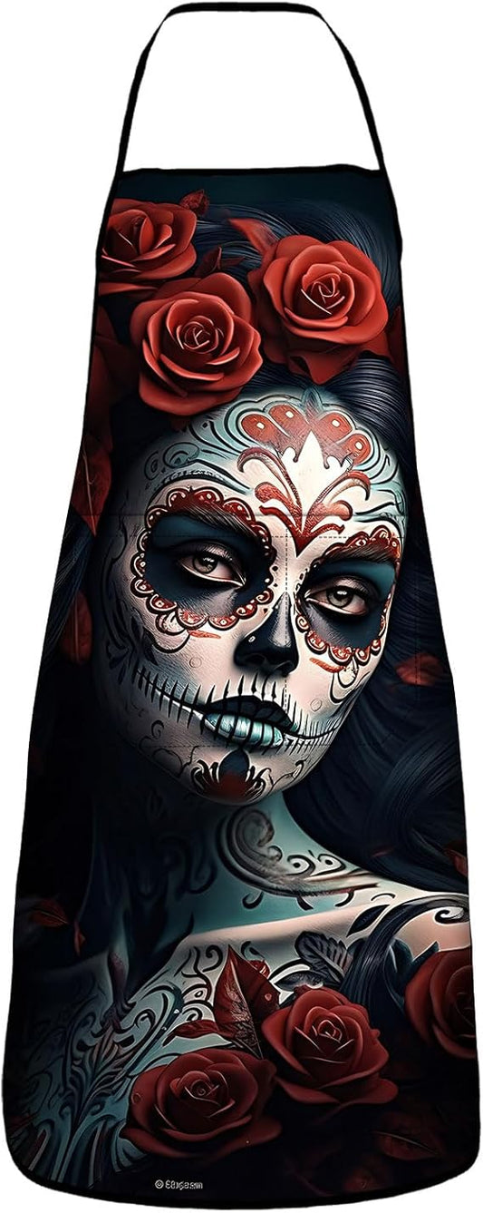 Sugar Skull Flower Waterproof Apron with 2 Pockets Kitchen Aprons Women Men, Bibs for Grooming Cooking Painting