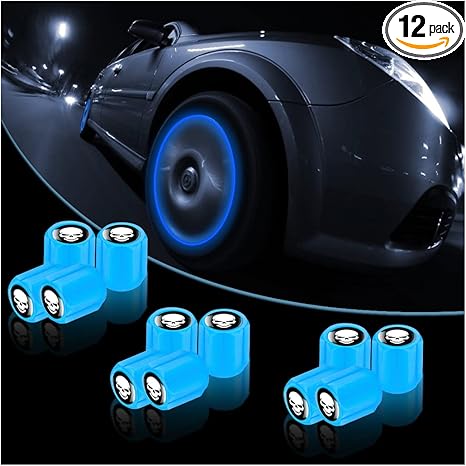 12PCS Fluorescent Skull Car Tire Valve Stem Caps, ABS Corrosion Resistant Wheel Valve Cover, Luminous Illuminated Cap Glow in The Dark, Auto Decor Accessories for Motorcycles Bicycles (Blue/White)