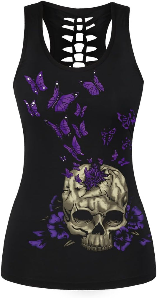 Womens Cut Out Skull Print Workout Yoga Tank Tops Sleeveless Summer T Shirt Vest