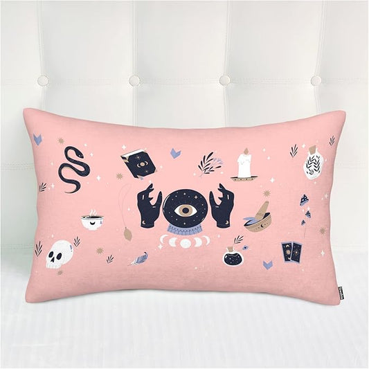 Throw Pillow Case Cushion Cover 20x30 Inches Esoteric Elements, Decor Pillows Cases for Couch Home Pink Skull Head Snake Candle Leaves Pillow Covers for Sofa Hotel Car Bedroom Polyester