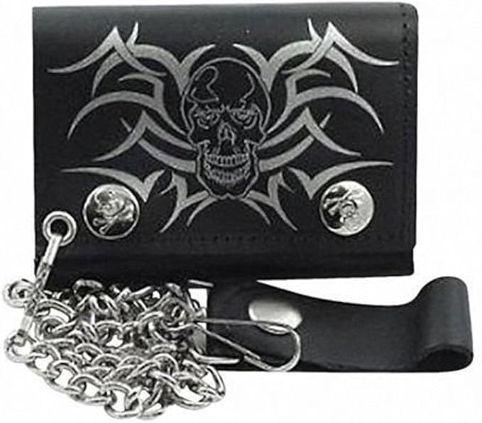 AES Pirate Skull Tribal Black Genuine Leather Wallet with Chain (4 inch)