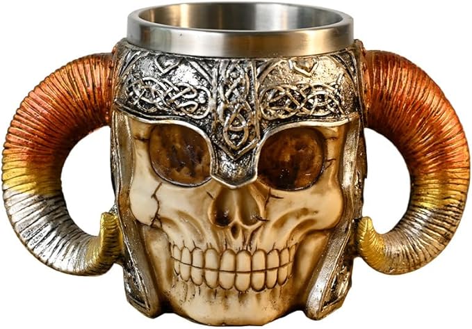OIF Stainless Steel Skull Mug Viking Drinking Cup Double Handle Skeleton Resin Beer Stein Tankard Coffee Mug Tea Cup for Milk Coffee Drinking &Halloween Bar Drinkware Gift,Party Cup