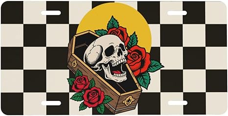 Checkered Skull Front License Plate for Women Cool Punk Car Vanity Plates Decorative Aluminum Metal Cute Novelty License Plate Cover for Men 6x12 Inch (4 Holes)