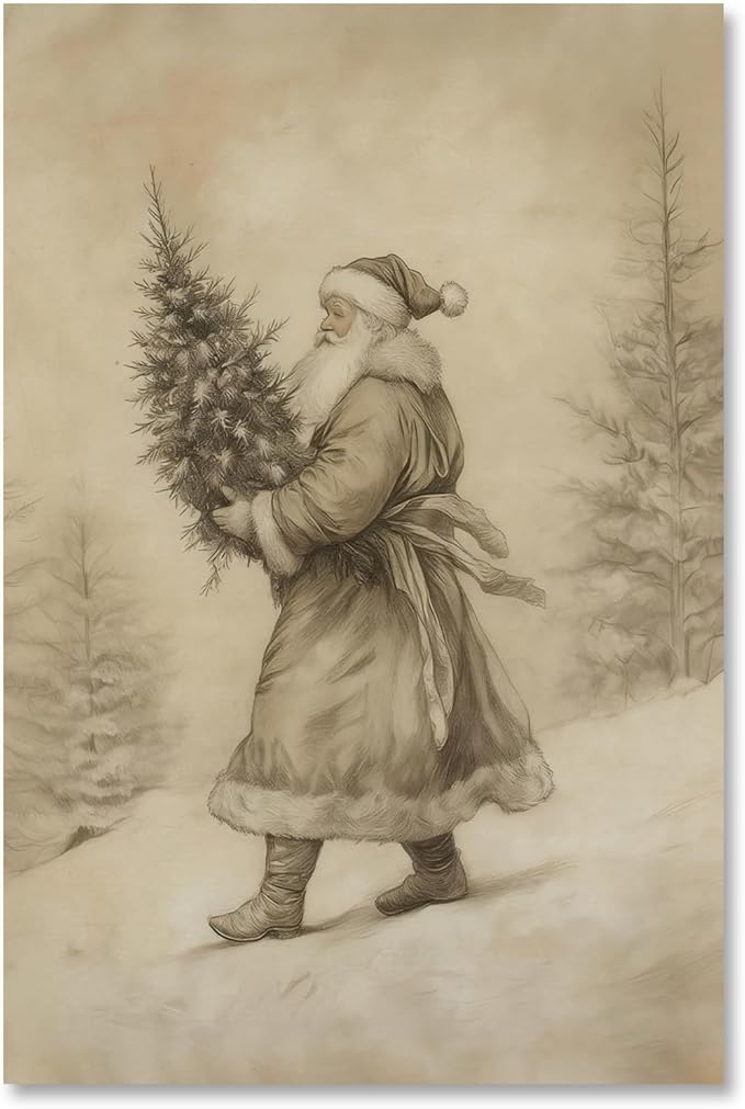 Yermidi Vintage Christmas Wall Art Neutral Sketch Santa Claus Holding Tree Poster Farmhouse Christmas Picture Wall Decor Winter Forest Holiday Canvas Print for Living Room Bedroom 16x24inch Unframed