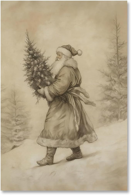 Yermidi Vintage Christmas Wall Art Neutral Sketch Santa Claus Holding Tree Poster Farmhouse Christmas Picture Wall Decor Winter Forest Holiday Canvas Print for Living Room Bedroom 16x24inch Unframed