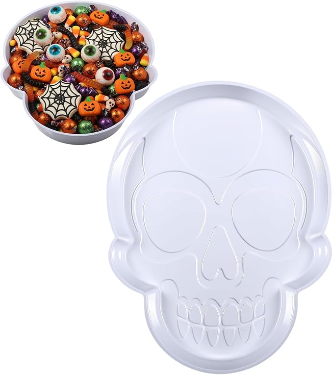 13.7 Inch Day of The Dead Serving Trays Plastic Skull Shape Plates Disposable Food Candy Snack Trays for Trick or Treat Halloween Party Supplies