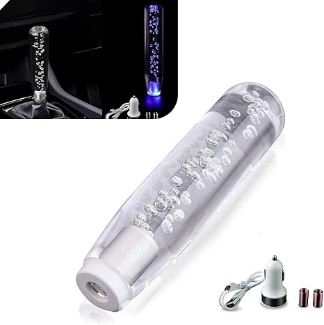 Car Shifter Knob, Cool Colorful LED Luminous Crystal Bubble Gear Knob, 7.87" Easy to Hold Gear Shift Head with Wiring Harness Adapter, Universal for Manual Transmission Cars (Transparent)