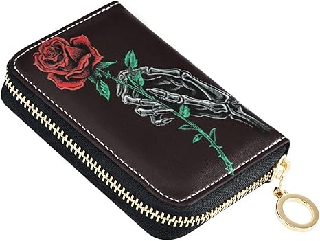 Gothic Skull Rose Floral RFID Credit Card Holder Leather With Zipper Card Case Wallet for Women Girls