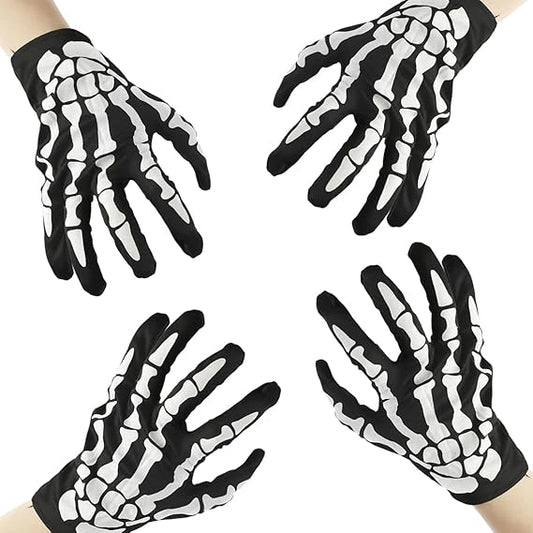 2 Pairs Black Skeleton Gloves, Day of The Dead Ghost Full Finger Bones Accessories for Halloween Cosplay Parties (BLACK, Short)