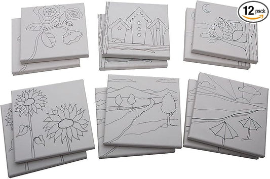 S & S Worldwide Paint-Your-Own Designer Canvas Set II, 2 each of 6 Pre-Printed Designs, Great For Kids & Adults, DIY Ready To Paint, 6-1/2" x 6-1/2" Stretched Canvas. Pack of 12.