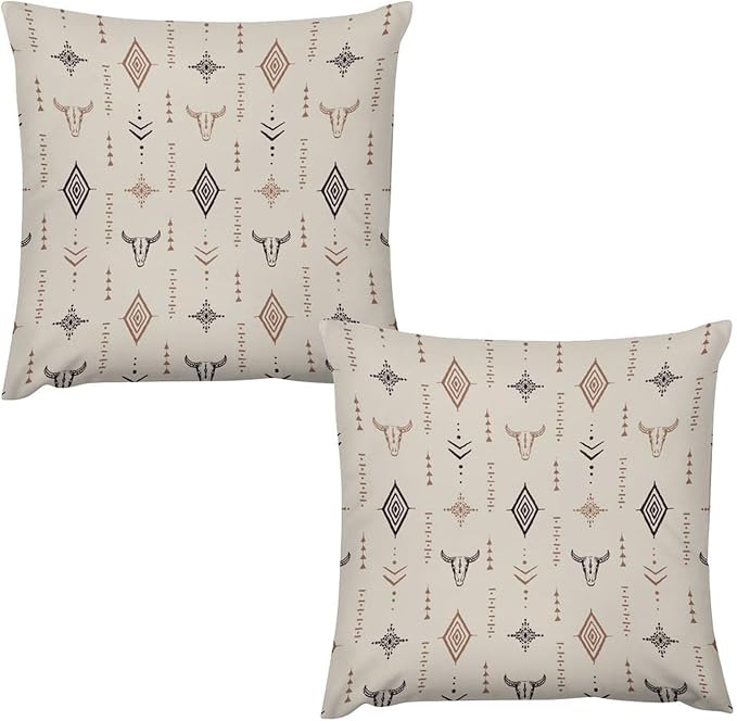 Western Pillow Covers Set of 2,Rustic Retro Aztec Bull Skull Southwest Tribal Ethnic Rural Throw Pillow Covers 18x18 Inches Cotton Square Pillow Cover Set for Couch Bed Living Room Outdoor Decor 18 "x