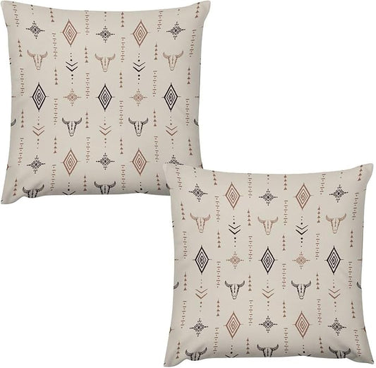 Western Pillow Covers Set of 2,Rustic Retro Aztec Bull Skull Southwest Tribal Ethnic Rural Throw Pillow Covers 18x18 Inches Cotton Square Pillow Cover Set for Couch Bed Living Room Outdoor Decor 18 "x