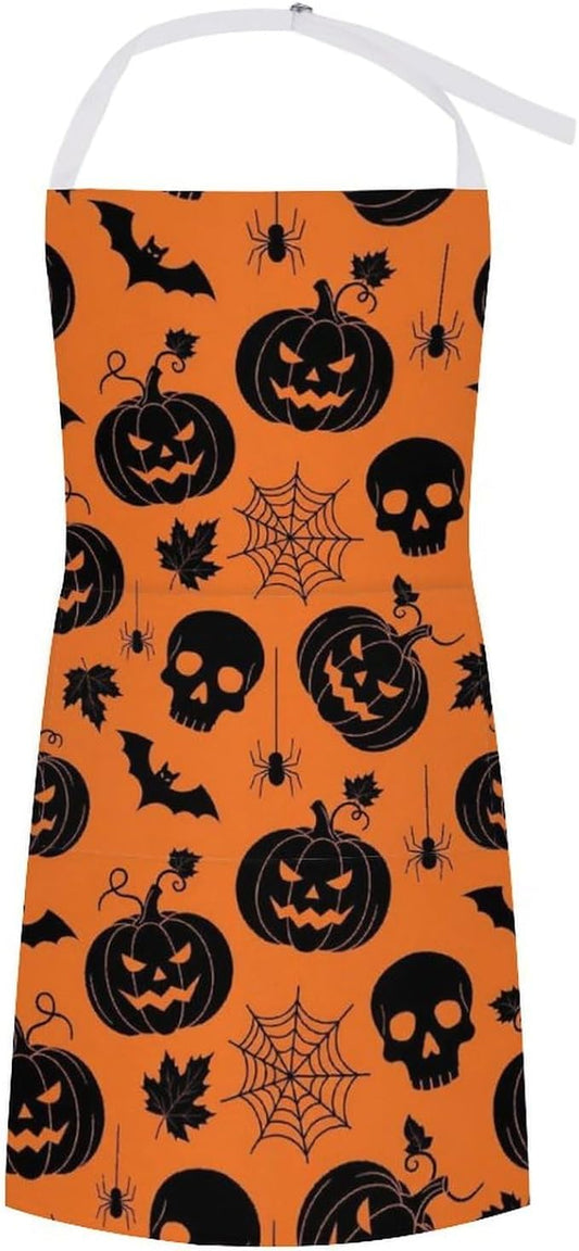 Durable Polyester Chef Kitchen Apron Water Resistant Kitchen Apron with Large Pocket - Halloween Pumpkin Bat Skull for BBQ Kitchen, Dog Grooming Machine Washable
