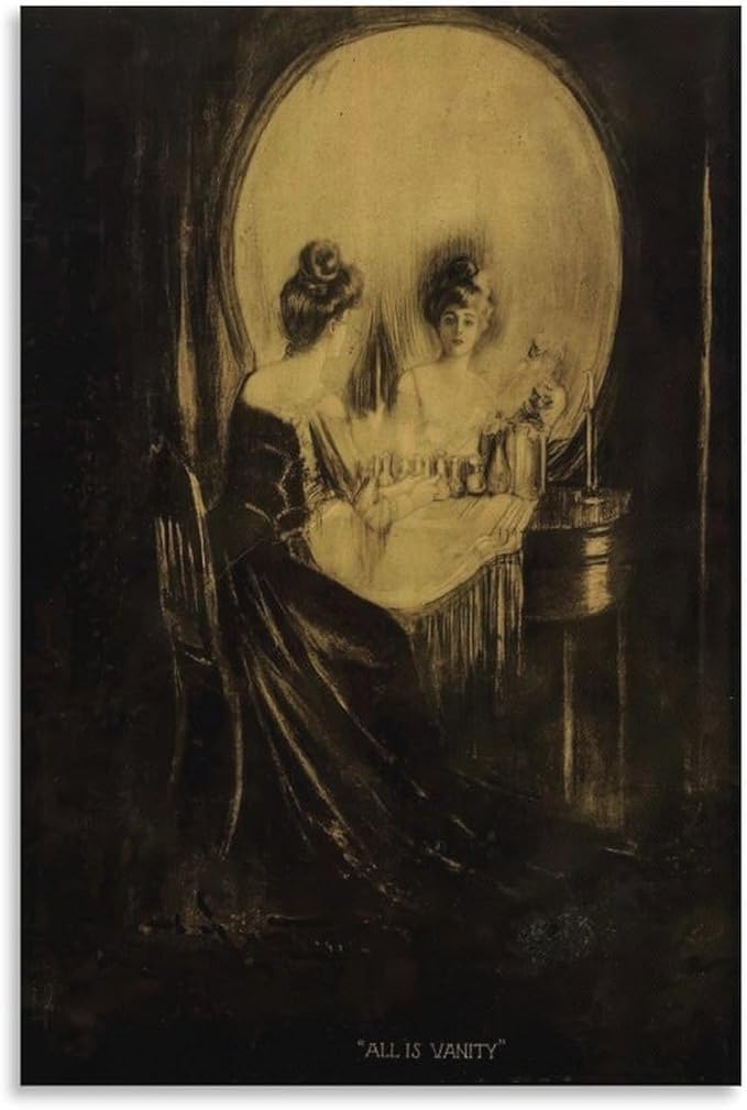 Girl And Skull In A Mirror Vintage Optical Illusion Canvas Printing Wall Art Prints Posters Scandinavian Bohemian Wall Decor for Living Room Bedroom Office Study Bathroom 12x18inch(30x45cm)