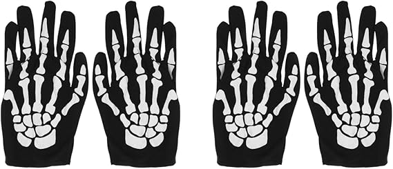 2 Pair Skeleton Gloves - Glow in the Dark, Skull Pattern Fullfinger Emo Goth Halloween, Cosplay Costume Party for Women Men Adults Child