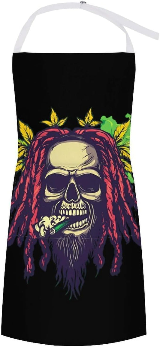 Smoking Rastafarian Skull with Weed Kitchen Cooking Aprons Adjustable Chef Apron with Pocket for Women Men Printed Design