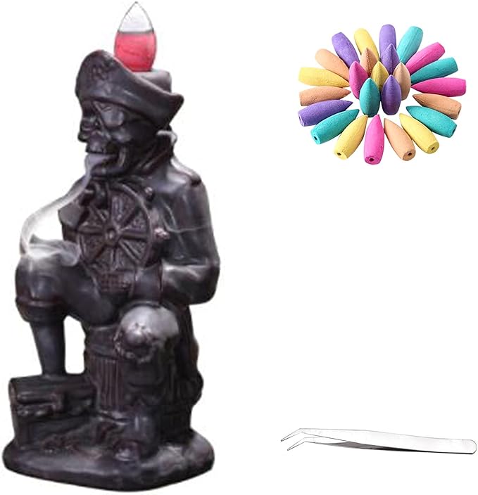 Ceramic Incense Burner Skull Pirate Smoke Incense Holder Home Decoration Including 20pcs backflow Incense + Free Tweezers