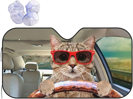 Funny Cat Driving Car Windshield Sun Shade for Car SUV Truck Auto Front Window Sunshade Visor Shield Cover Medium