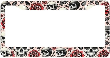 GUWEI License Plate Frames Interspersed Among The Skulls and Roses are Black Leaves License Plate Holder Car Tag Cover Frame Accessory Decor with 2 Holes Screws for Men Women 6.3x12.3 Inch(KC-15)