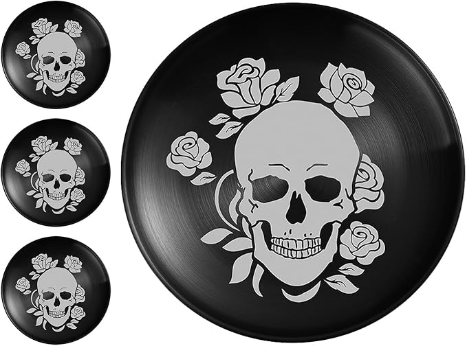 XIAOYU 4 Pack Halloween Skeleton Stainless Steel Dinner Plates, Skull Gothic Round Metal Plates, Unique Skull/Flower Pattern Design, Metal Dinner Dishes For Dinner, Party, Camping, Dishwasher Safe