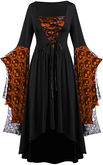 Womens Witch Dress, Halloween Medieval Vampire Costume Bat Sleeve Skull Lace Corset Gothic Sorceress Dresses