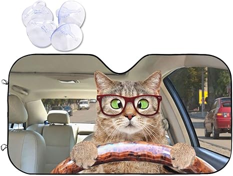 Fun Cute Cat Driving Car Front Windshield Sun Shade,Auto Sunshade for Car Truck SUV - Blocks Uv Rays Sun Visor Protector (51" X 27.5"Inch,Upgrade Hardened)
