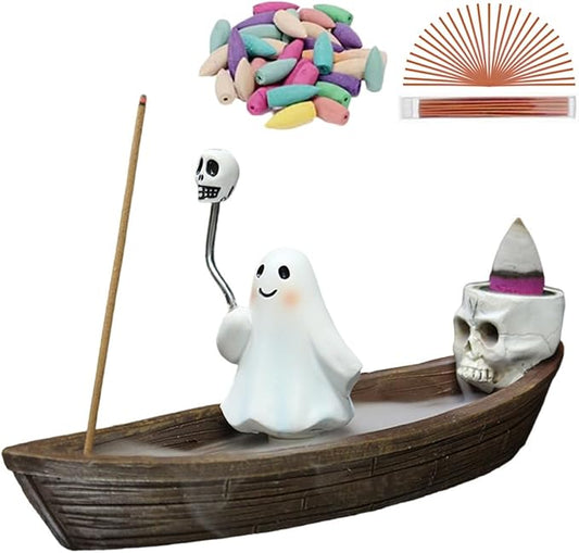 Halloween Ghost on Boat Incense Stick Holder Skull Cone Backflow Incense Burner, Resin Incense Tray Ash Cather for Yoga Meditation Spa Home Office Aromatherapy Decor