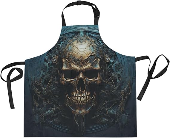 Blue Pattern Demon Skull Kitchen Chef Apron Waitress Aprons with 2 Pockets for Women Boys Cooking Baking