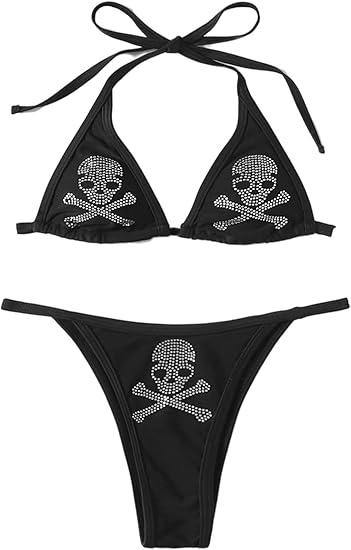 Women's Skull Pattern Halter Triangle Thong Sexy 2 Piece Bikini Swimsuit