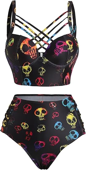 Gothic Galaxy Skull Print Bikini Set Retro Vintage Tummy Control Two Piece Tankini