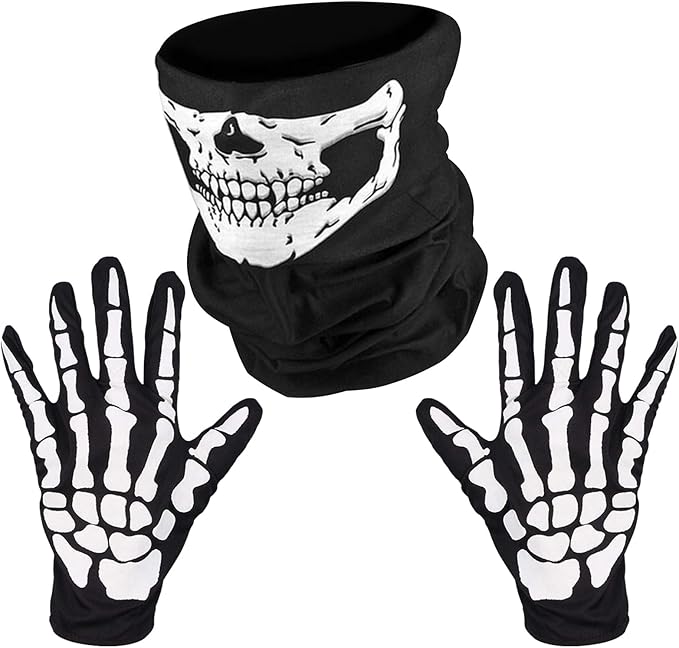 Skeleton Gloves and Skull Face Mask Half Ghost Bones for Halloween Costume Party