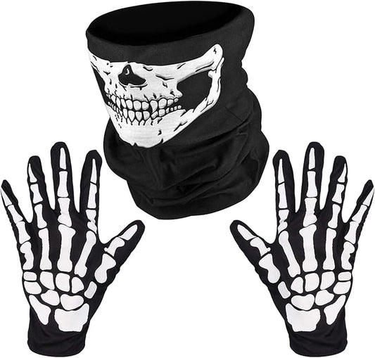 Skeleton Gloves and Skull Face Mask Half Ghost Bones for Halloween Costume Party