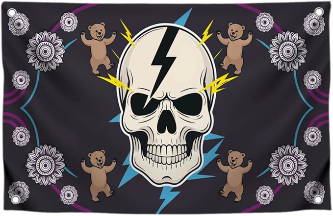 3x5 Feet Funny Polyester Flag with Image Skull with Lightning and Bears with 4 Brass Grommets - Skull Banner for Outdoor/Indoor or Wall Decor Room Man Cave - Funny Bear and Flover Flags for Backyard